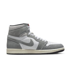 Side view of Nike Air Jordan 1 Retro High OG Washed Black with gray suede and white leather accents.