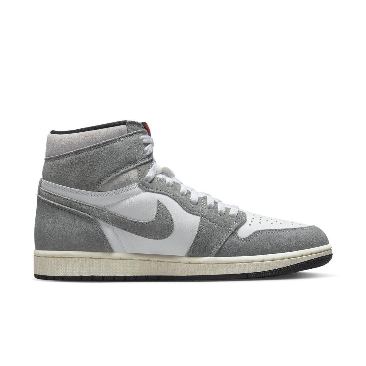 Side view of Nike Air Jordan 1 Retro High OG Washed Black with gray suede and white leather accents.