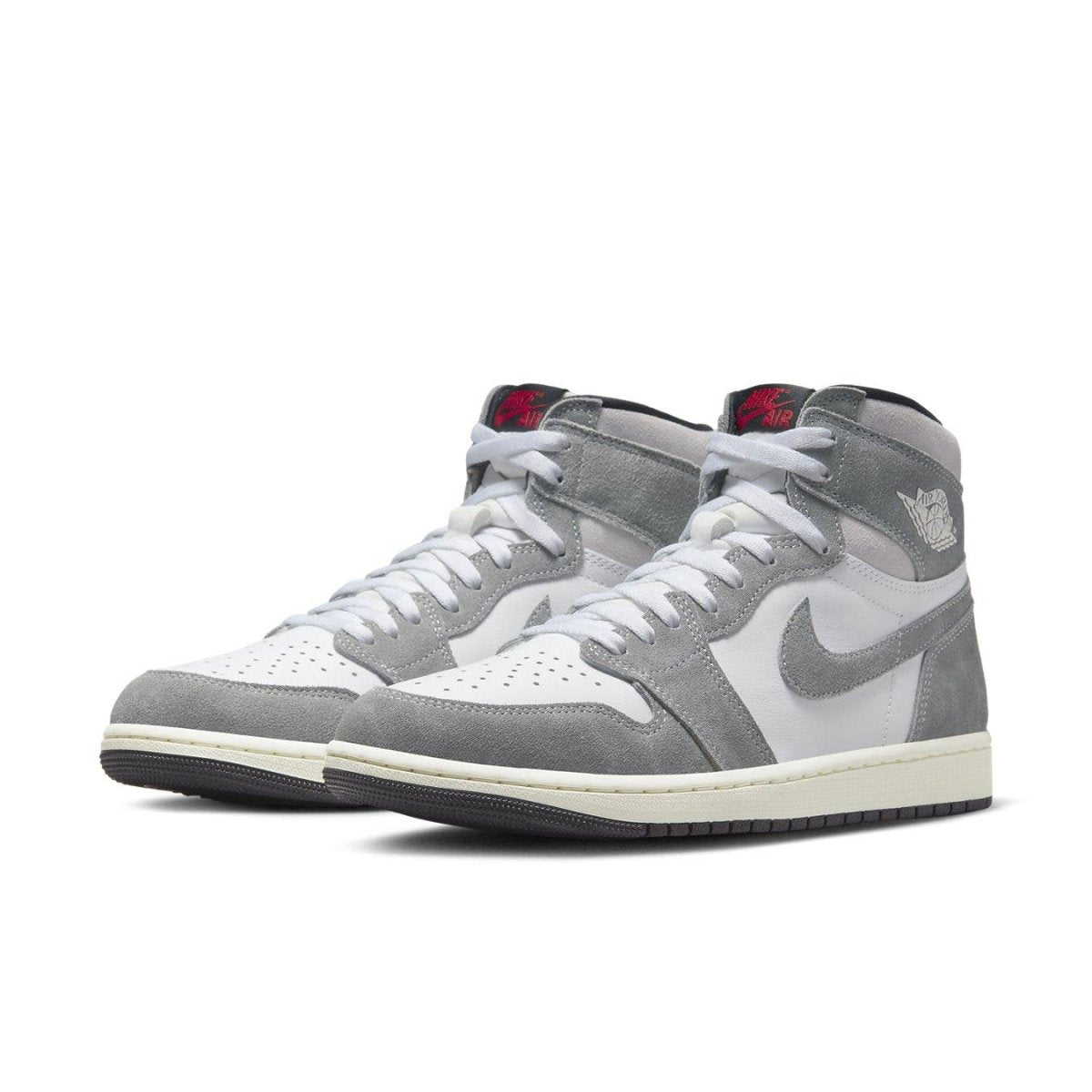 Jordan 1 Retro High OG Washed Black sneakers featuring white leather and gray suede details.