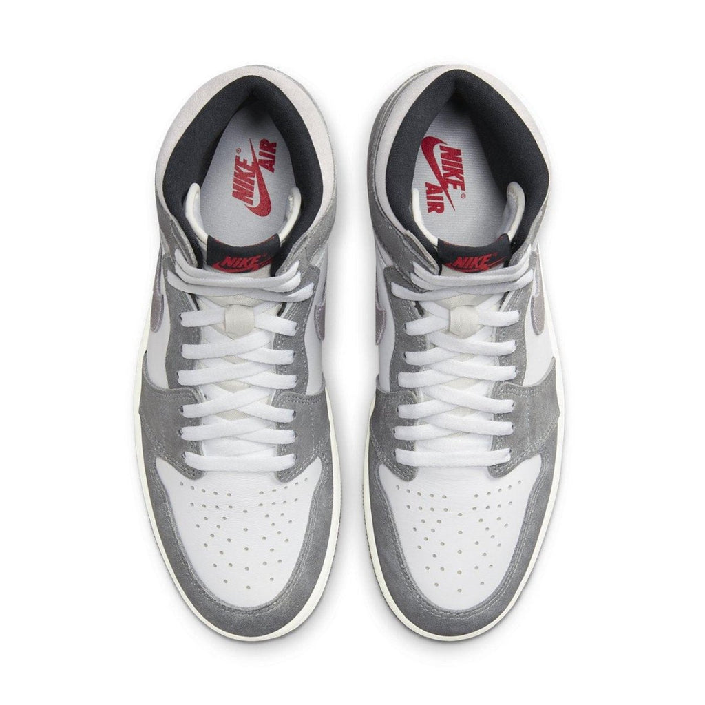 Air Jordan 1 Retro High OG Washed Black sneakers in white and gray with black accents, showcasing classic high-top design.