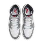 Air Jordan 1 Retro High OG Washed Black sneakers in white and gray with black accents, showcasing classic high-top design.