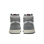 Rear view of Air Jordan 1 Retro High OG Washed Black with gray suede and white detailing.