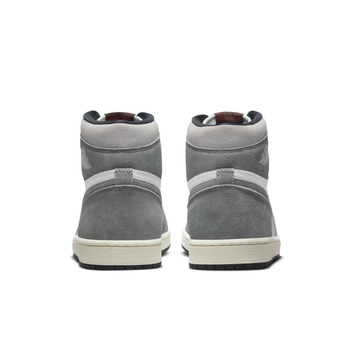 Rear view of Air Jordan 1 Retro High OG Washed Black with gray suede and white detailing.