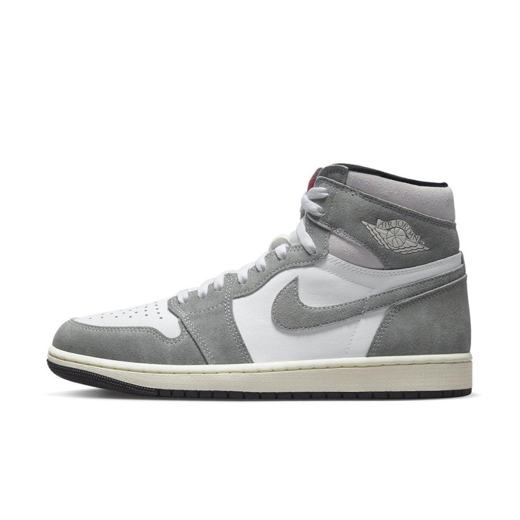 Jordan 1 Retro High OG Washed Black sneaker featuring grey suede and white leather design.