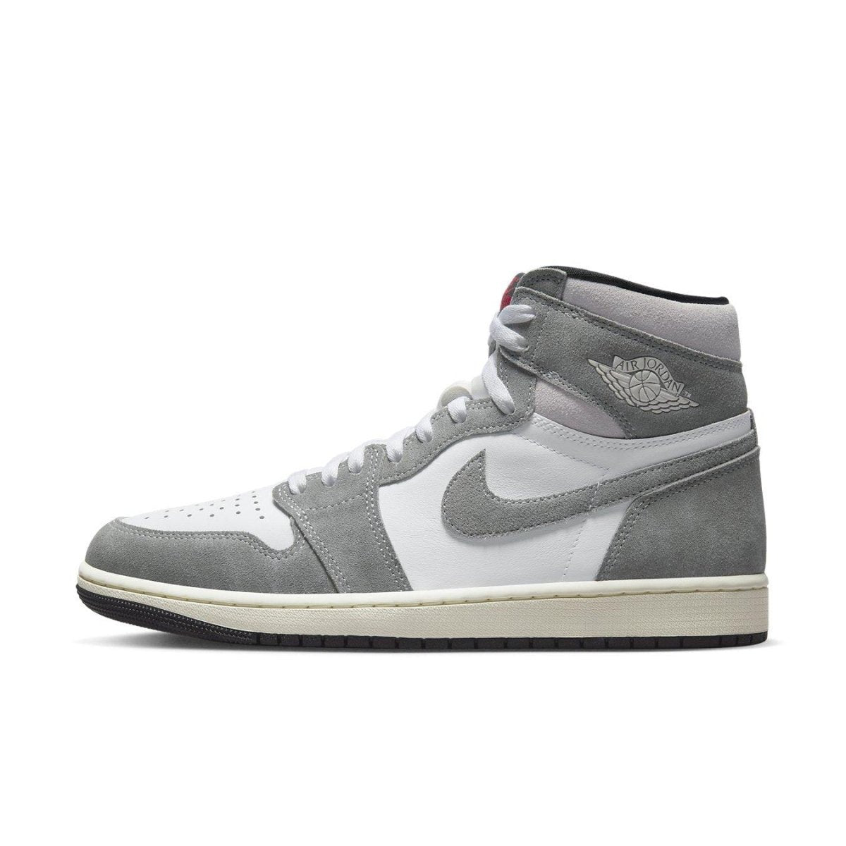 Jordan 1 Retro High OG Washed Black sneaker featuring grey suede and white leather design.
