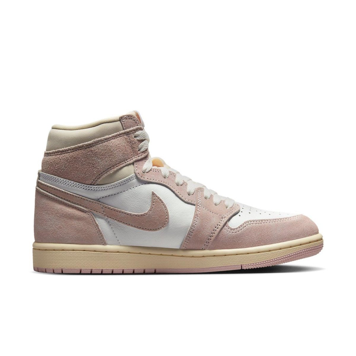 Jordan 1 Retro High OG Washed Pink women's sneaker featuring white leather and soft pink suede overlays.