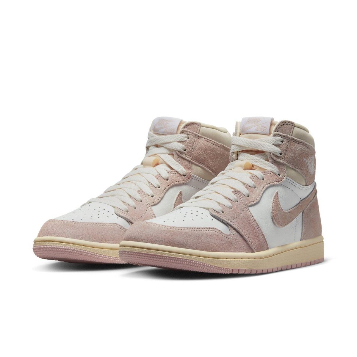 Air Jordan 1 Retro High OG Washed Pink women's sneakers in pastel pink and white leather.