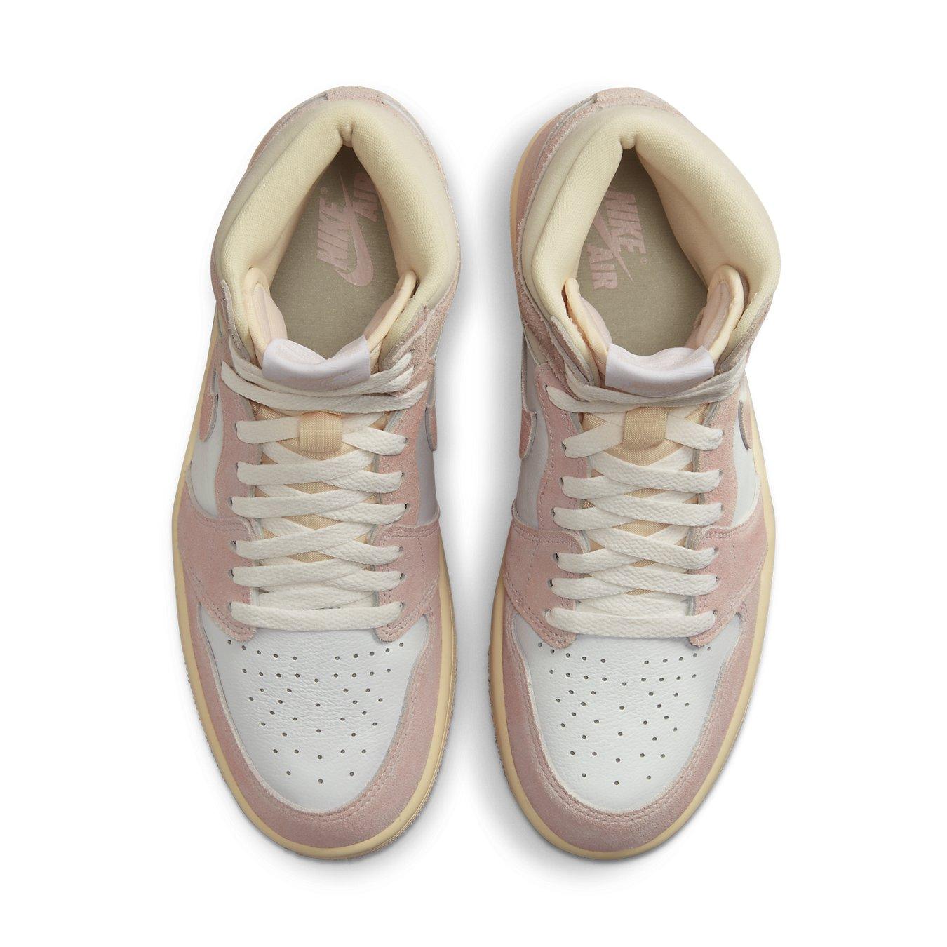 Top view of women's Jordan 1 Retro High OG Washed Pink sneakers featuring soft pink suede overlays.