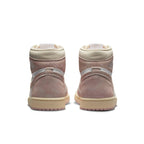 Back view of women's Jordan 1 Retro High OG Washed Pink with suede overlays and vintage-style midsole.