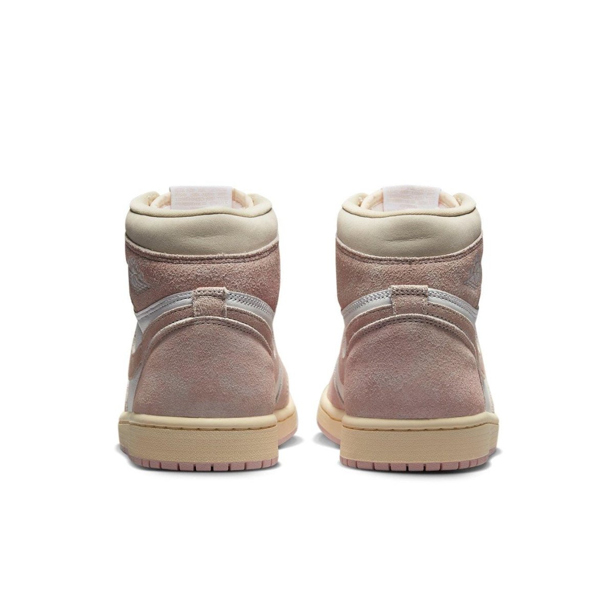 Back view of women's Jordan 1 Retro High OG Washed Pink with suede overlays and vintage-style midsole.