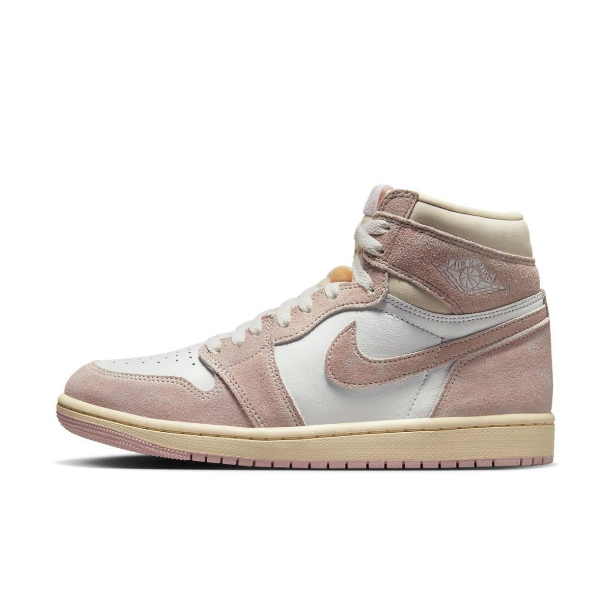 Air Jordan 1 Retro High OG Washed Pink Women's sneakers with pink suede and white leather uppers.