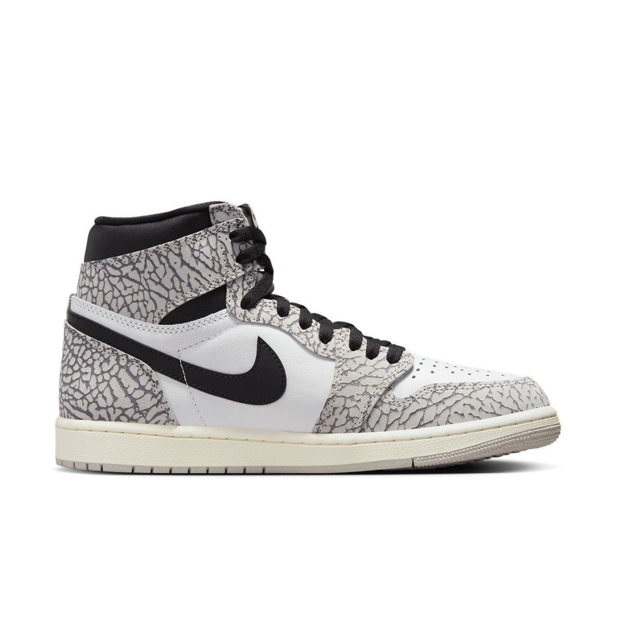 Air Jordan 1 Retro High OG White Cement featuring elephant print and black Swoosh, stylish sneaker on a white background.