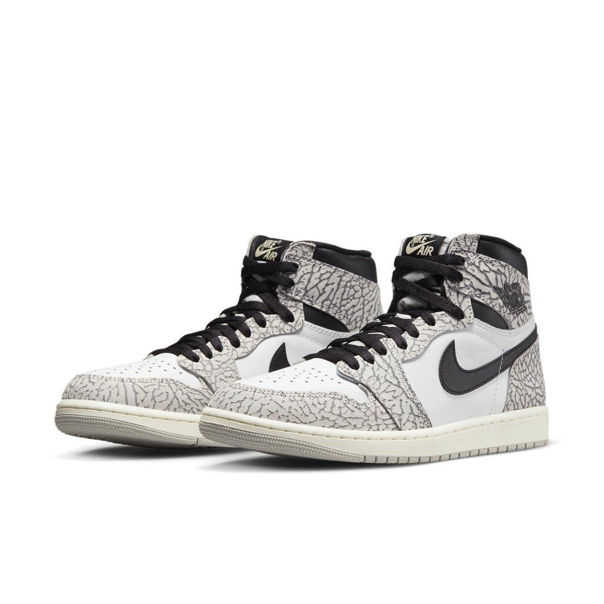 Air Jordan 1 Retro High OG White Cement featuring elephant print design and classic colorway.
