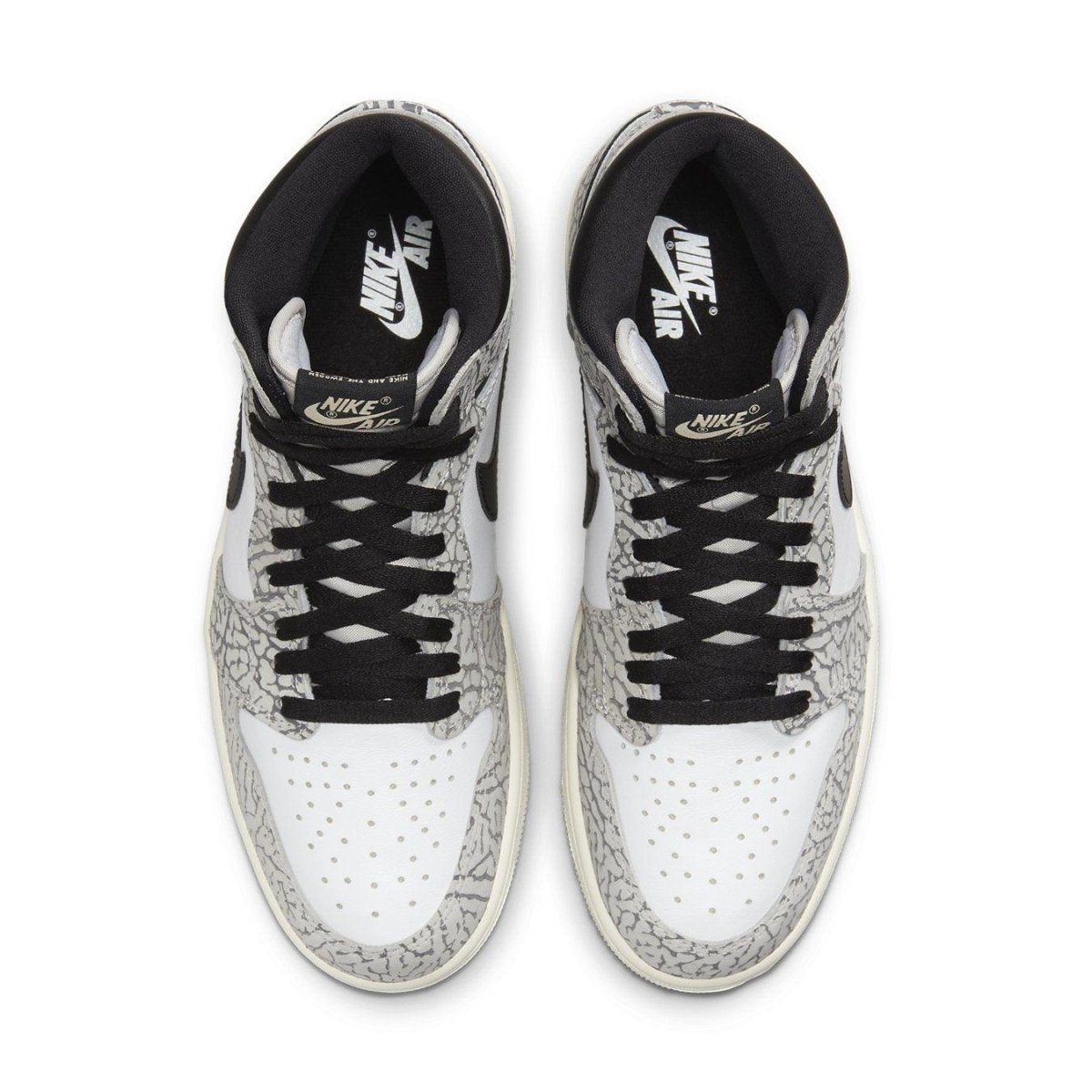 Air Jordan 1 Retro High OG White Cement top view showcasing elephant print and black laces.