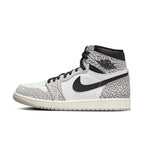 Jordan 1 Retro High OG White Cement featuring elephant print, white leather, black Swoosh, and iconic high-top design.