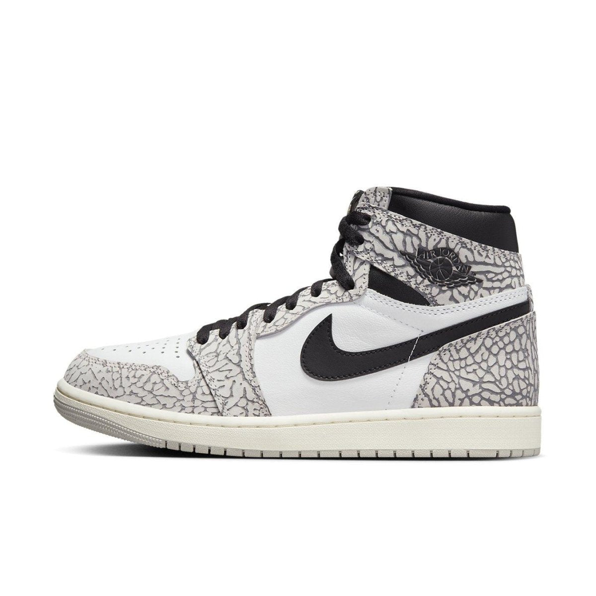 Jordan 1 Retro High OG White Cement featuring elephant print, white leather, black Swoosh, and iconic high-top design.