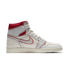 Jordan 1 Retro High Phantom Gym Red sneakers with smooth and textured leather design, featuring dual-layer Swoosh emblem.