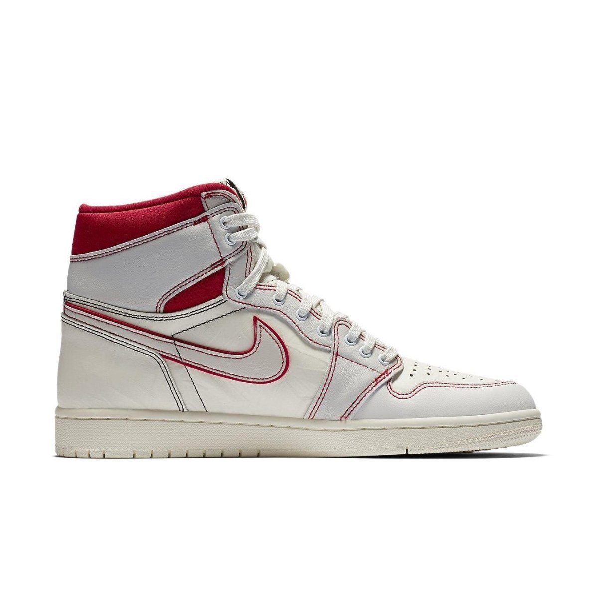 Jordan 1 Retro High Phantom Gym Red sneakers with smooth and textured leather design, featuring dual-layer Swoosh emblem.