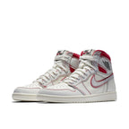 Jordan 1 Retro High Phantom Gym Red sneaker with smooth and textured leather in white and red.