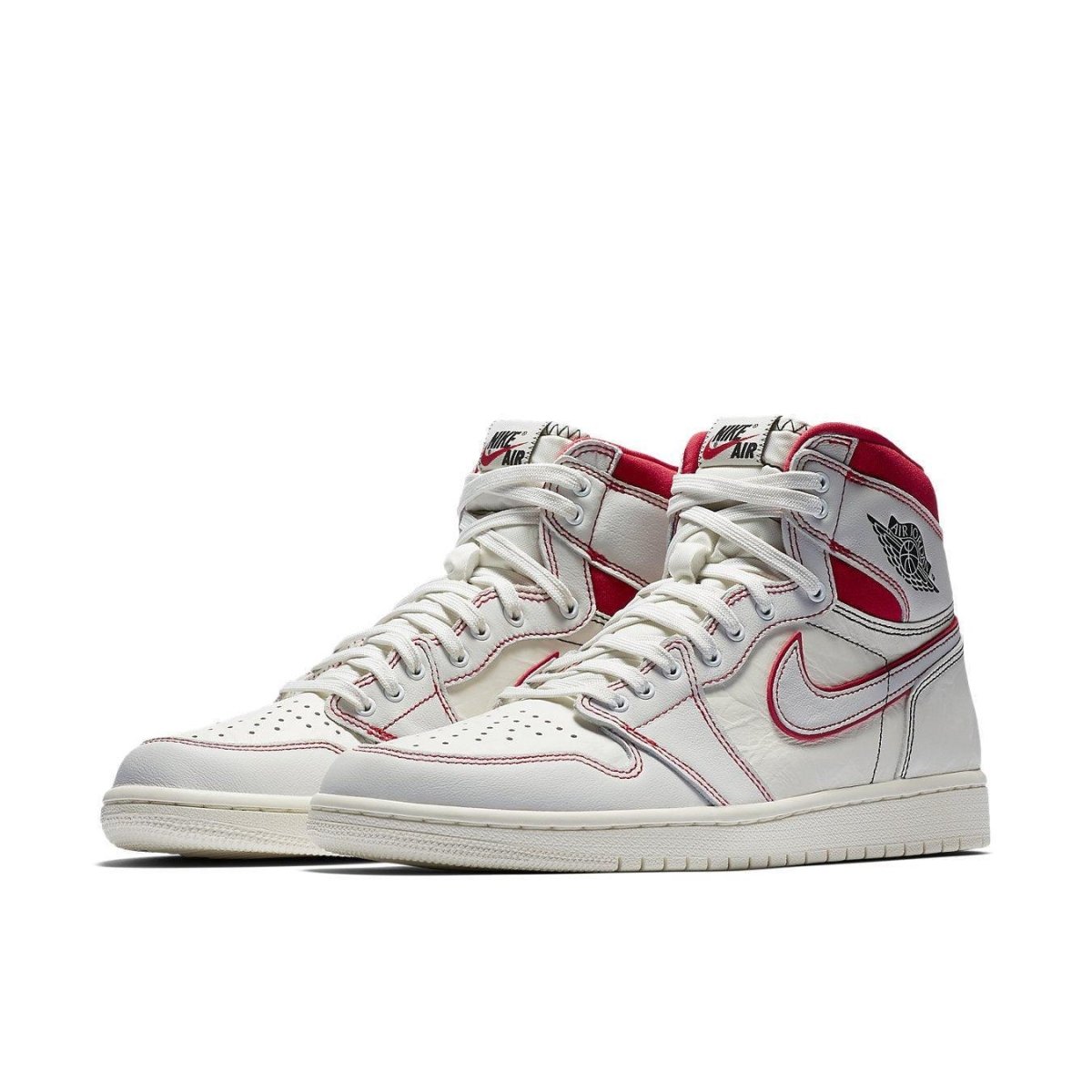 Jordan 1 Retro High Phantom Gym Red sneaker with smooth and textured leather in white and red.