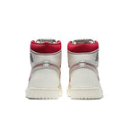Jordan 1 Retro High Phantom Gym Red sneakers, showcasing the rear view with red and white color contrast.