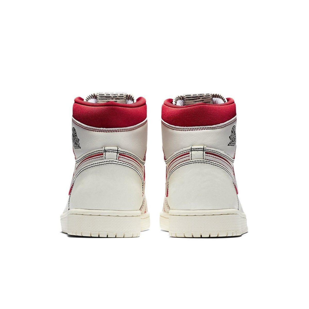 Jordan 1 Retro High Phantom Gym Red sneakers, showcasing the rear view with red and white color contrast.