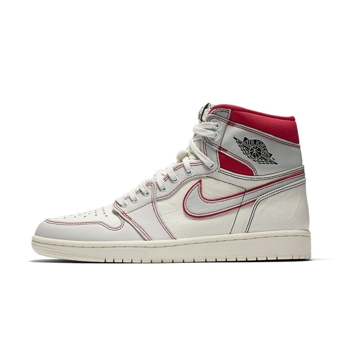 Jordan 1 Retro High Phantom Gym Red featuring smooth leather and textured accents for a stylish look.
