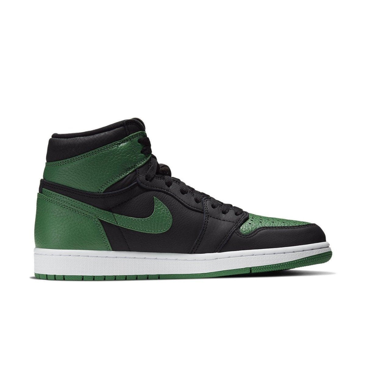 Air Jordan 1 Retro High Pine Green Black sneaker featuring a leather upper and iconic black and green colorway.
