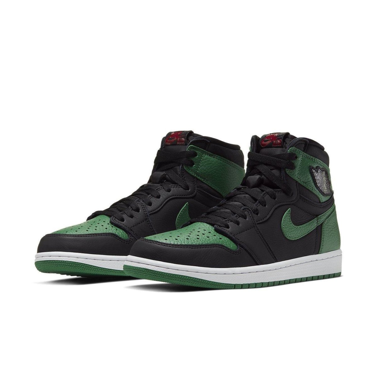 Air Jordan 1 Retro High Pine Green Black sneaker featuring black upper with green accents and white sole.