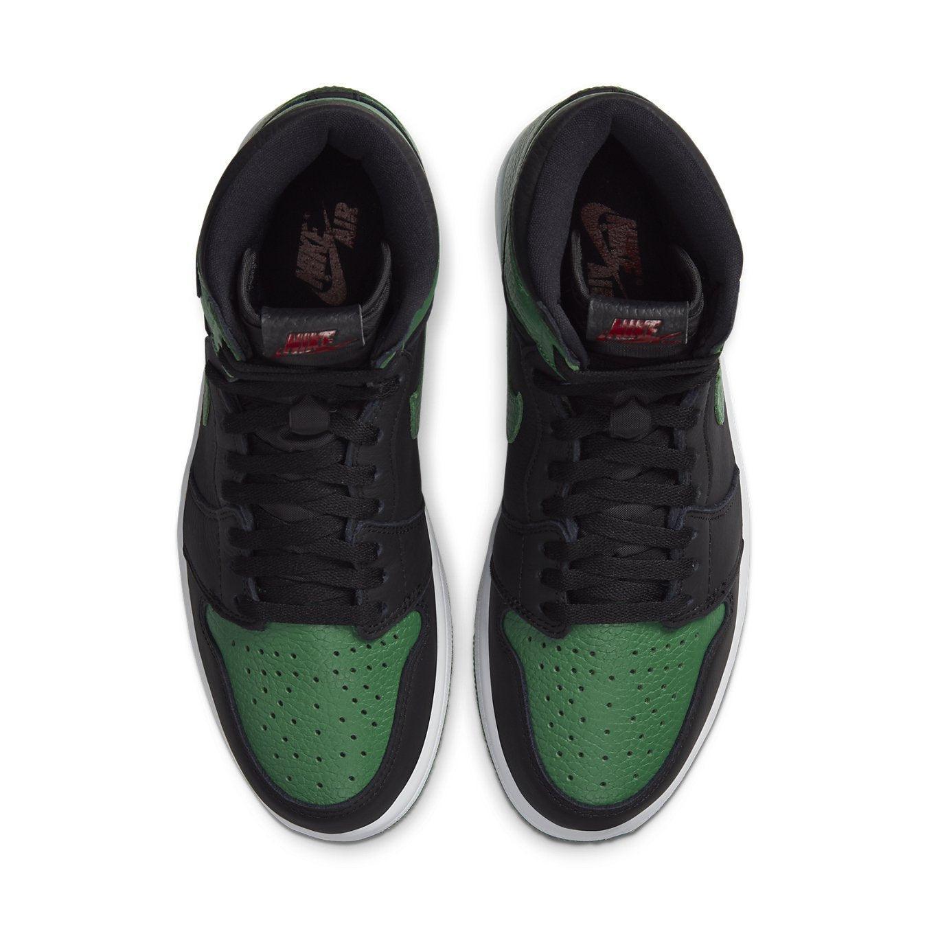 Air Jordan 1 Retro High Pine Green Black top view showcasing its sleek design and vibrant colorway.