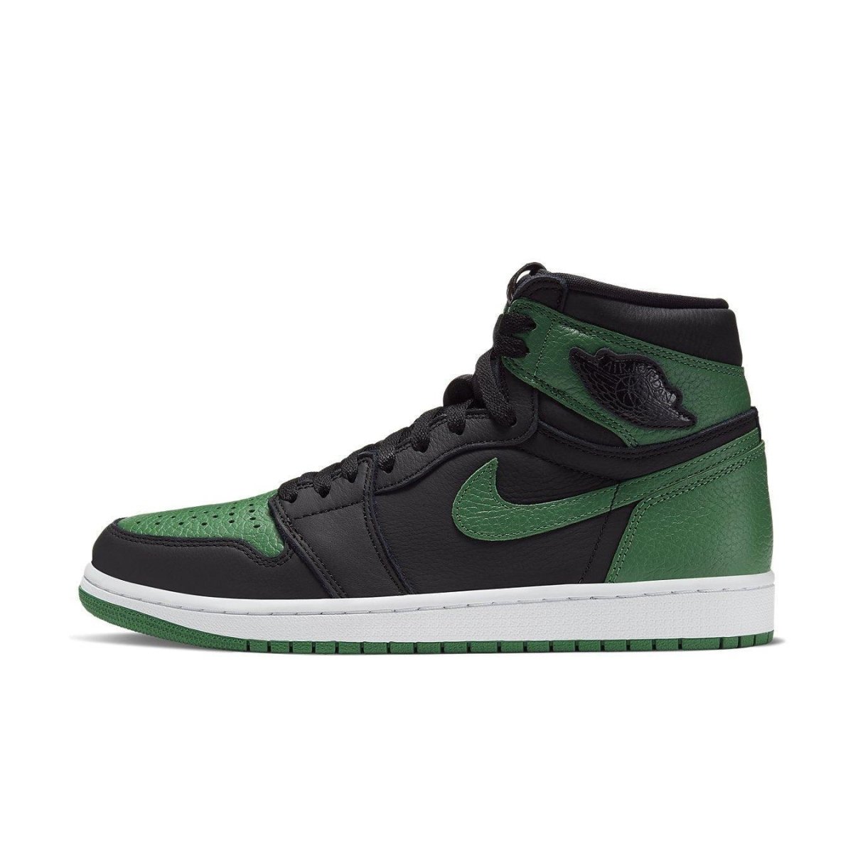 Air Jordan 1 Retro High Pine Green Black sneaker featuring black and pine green leather design with white sole.