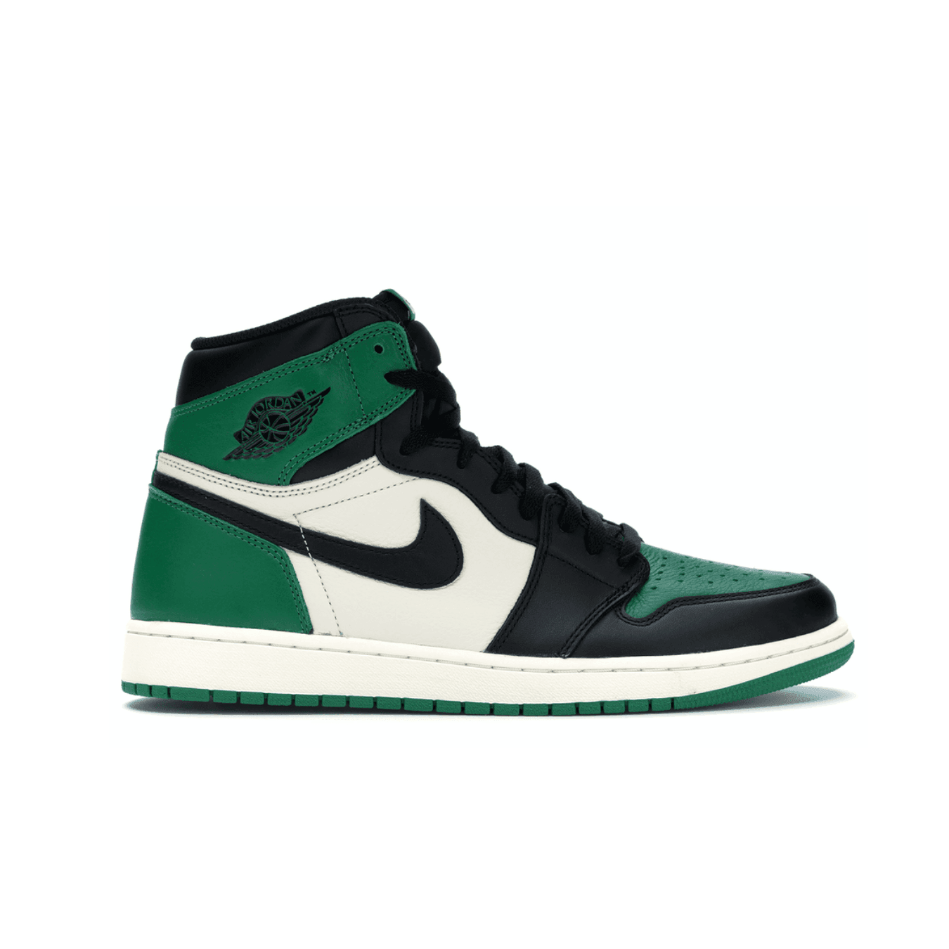 Jordan 1 Retro High Pine Green sneaker in black, white, and green colorway, featuring Nike Air logo and Wings emblem.