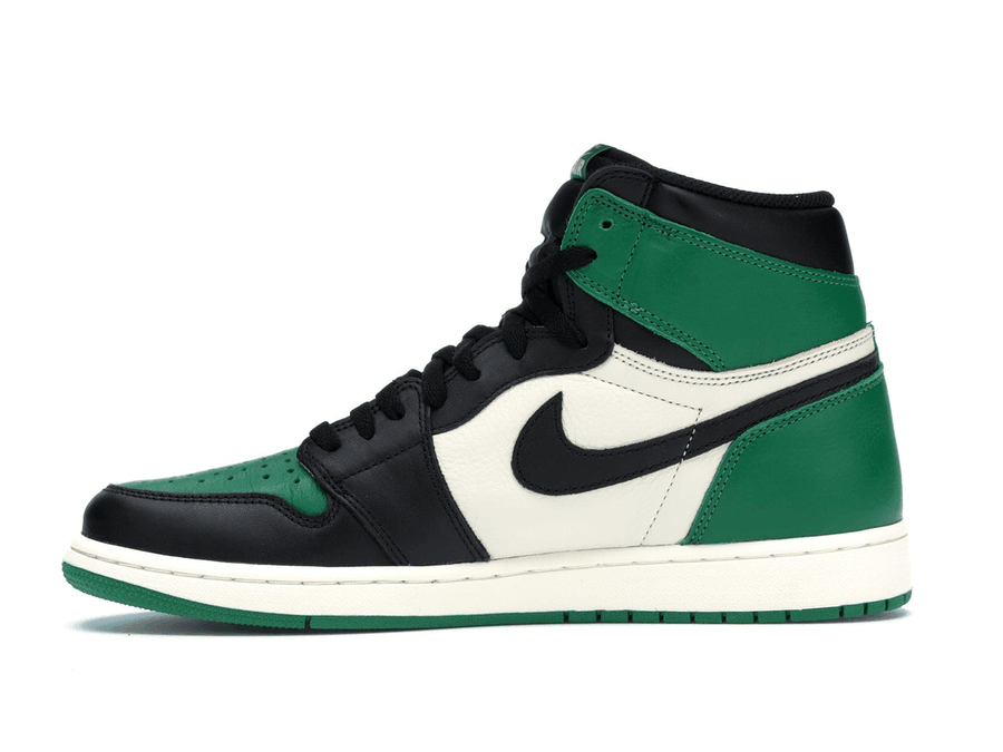 Jordan 1 Retro High Pine Green with black, white, and green colorway, featuring Nike Air logo and classic Wings emblem.