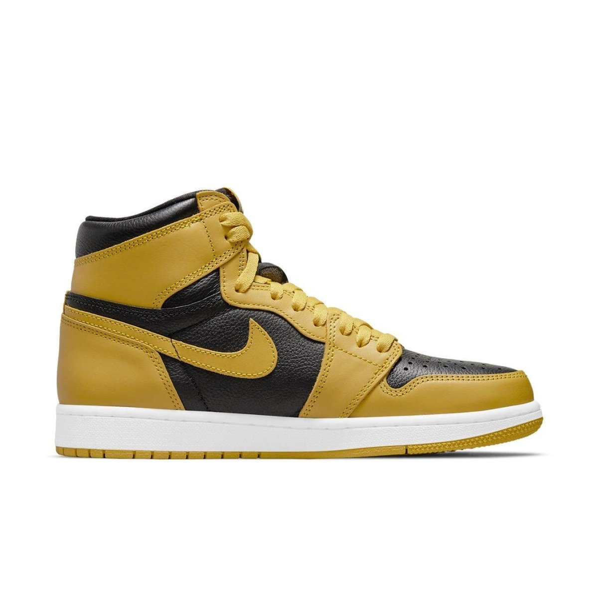 Air Jordan 1 Retro High in black and yellow Pollen colorway, showcasing iconic basketball shoe design.