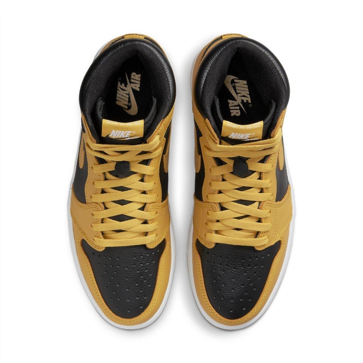 Top view of Nike Air Jordan 1 Retro High 'Pollen' featuring black and yellow leather design.