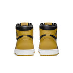 Back view of Air Jordan 1 Retro High Pollen sneakers featuring yellow and black leather design.