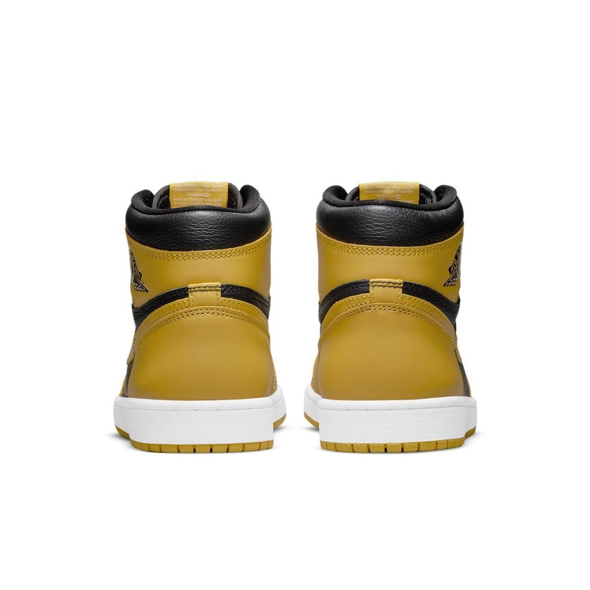 Back view of Air Jordan 1 Retro High Pollen sneakers featuring yellow and black leather design.