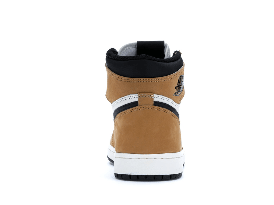 Air Jordan 1 Retro High Rookie of the Year back view featuring tan leather and black accents.