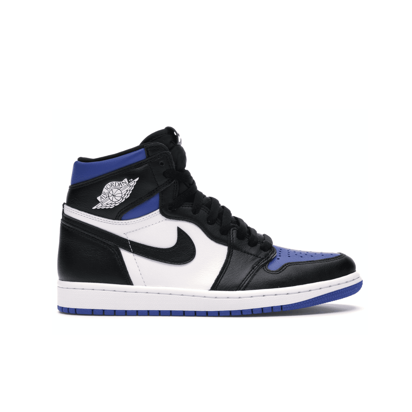 Air Jordan 1 Retro High Royal Toe featuring white leather, black overlays, and Game Royal accents.