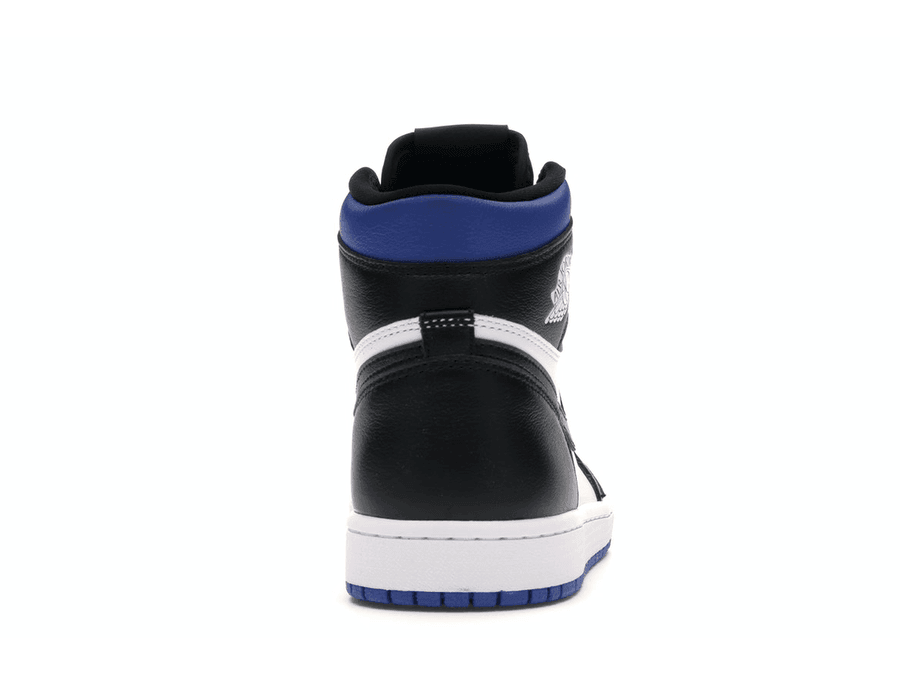 Back view of Air Jordan 1 Retro High OG 'Royal Toe' showcasing its black leather upper and Game Royal accents.