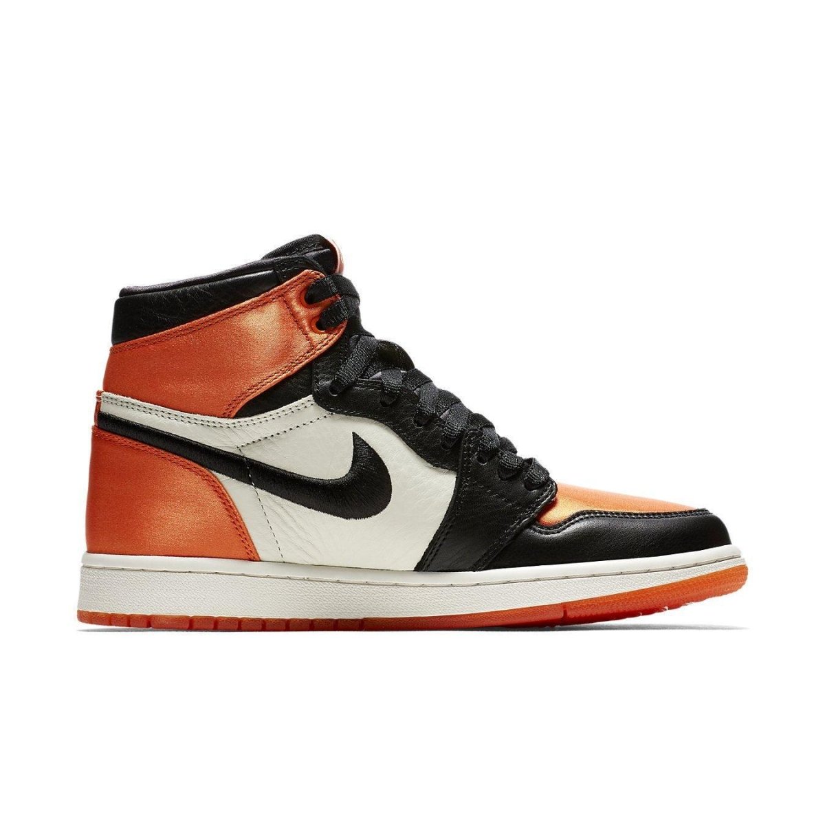 Jordan 1 Retro High Satin Shattered Backboard (W) sneaker with orange, black, and white design.