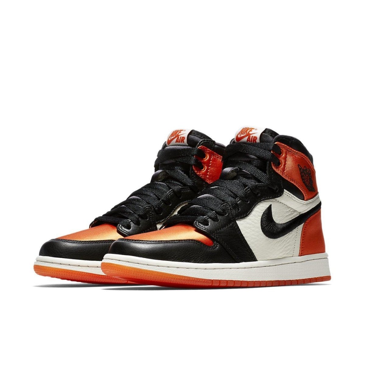 Jordan 1 Retro High Satin Shattered Backboard (W) featuring orange and black satin finish.