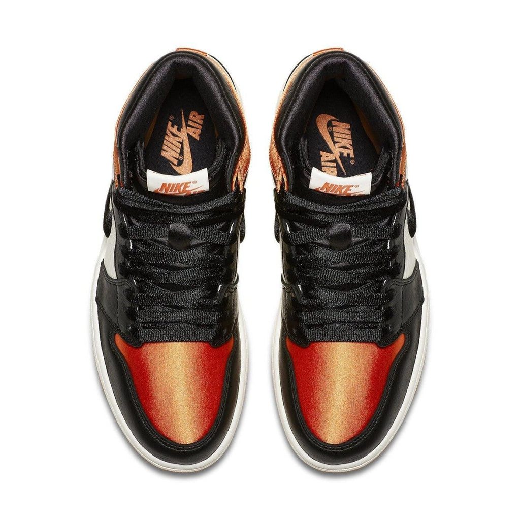 Jordan 1 Retro High Satin Shattered Backboard shoes with satin finish and vibrant orange accents.
