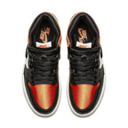 Jordan 1 Retro High Satin Shattered Backboard shoes with satin finish and vibrant orange accents.