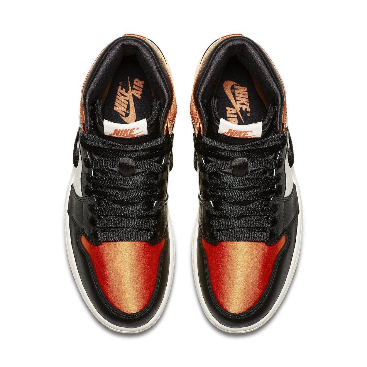 Jordan 1 Retro High Satin Shattered Backboard shoes with satin finish and vibrant orange accents.