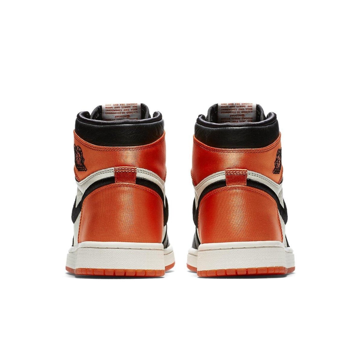 View of the back of the Jordan 1 Retro High Satin Shattered Backboard (W) showcasing its iconic orange and black design.