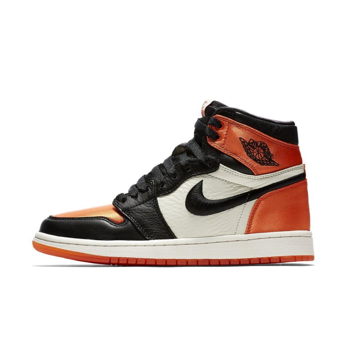 Jordan 1 Retro High Satin Shattered Backboard Women's sneakers in black, orange, and white with satin finish.
