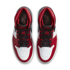 Top view of Jordan 1 Retro High Satin Snake Chicago (W) featuring red, white, and black colorway.