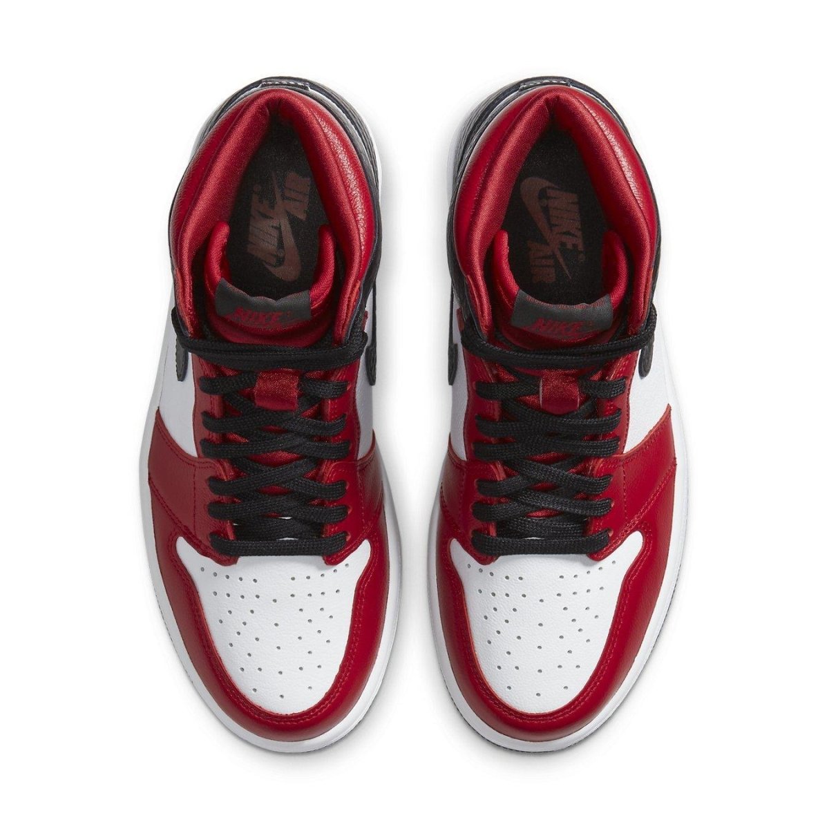 Top view of Jordan 1 Retro High Satin Snake Chicago (W) featuring red, white, and black colorway.