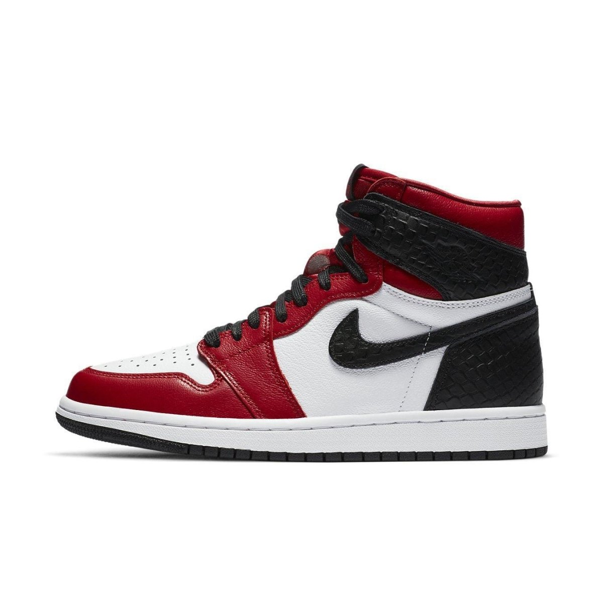 Jordan 1 Retro High Satin Snake Chicago (W) sneaker in red, white, and black with snake texture detailing.